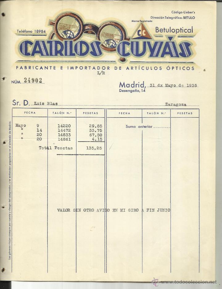 Alte Rechnungen: FACTURA DE CARLOS CUY&Aacute;S. FABRICANTE E IMPORTADOR DE ART&Iacute;CULOS &Oacute;PTICOS. BETULOPTICAL. MADRID. 1935