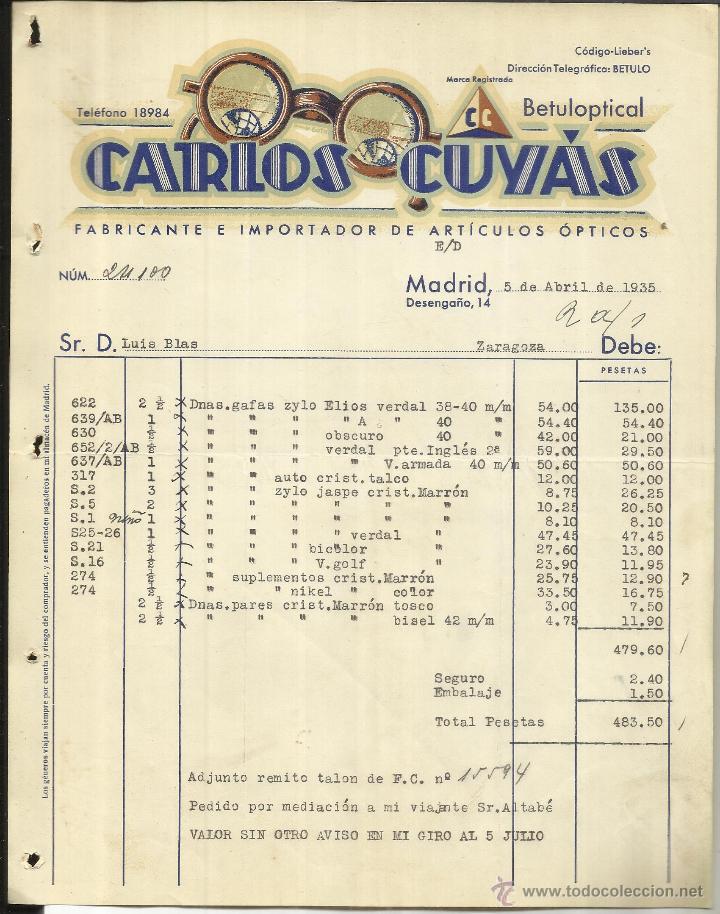 Alte Rechnungen: FACTURA DE CARLOS CUY&Aacute;S. FABRICANTE E IMPORTADOR DE ART&Iacute;CULOS &Oacute;PTICOS. BETULOPTICAL. MADRID. 1935