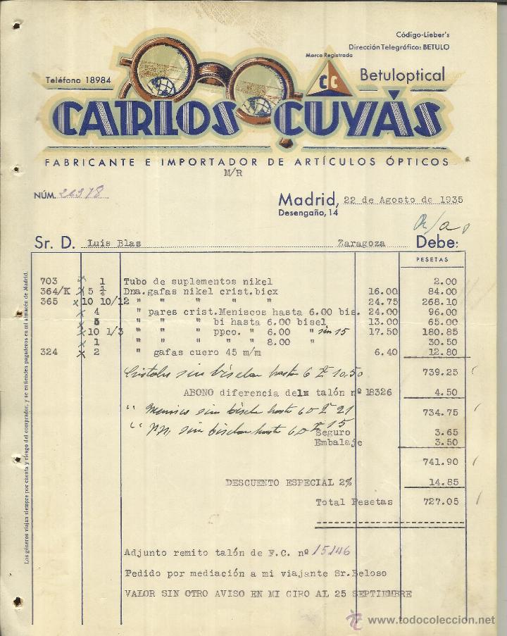 Alte Rechnungen: FACTURA DE CARLOS CUY&Aacute;S. FABRICANTE E IMPORTADOR DE ART&Iacute;CULOS &Oacute;PTICOS. BETULOPTICAL. MADRID. 1935
