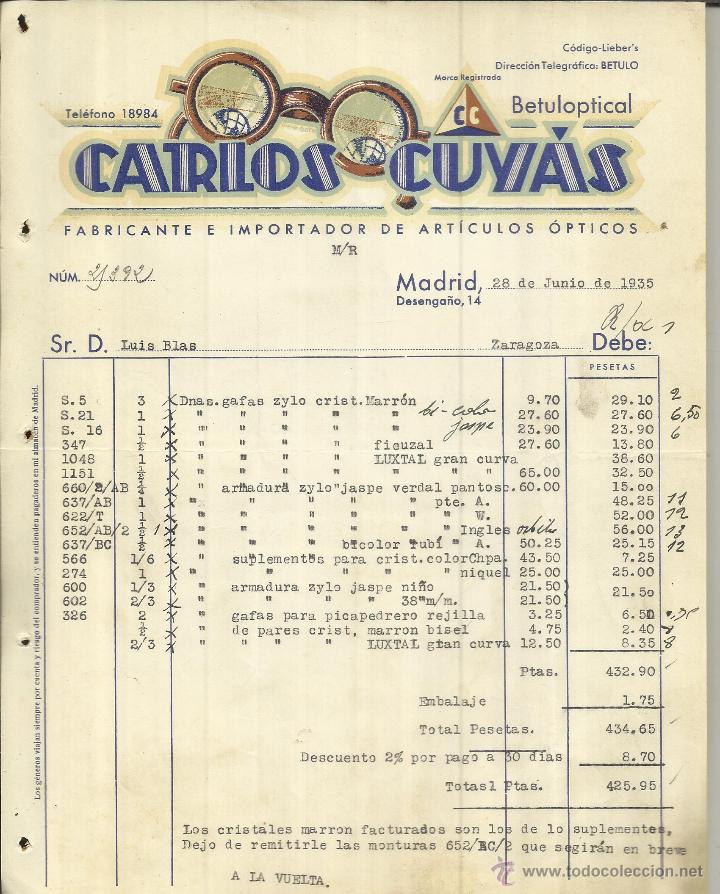 Alte Rechnungen: FACTURA DE CARLOS CUY&Aacute;S. FABRICANTE E IMPORTADOR DE ART&Iacute;CULOS &Oacute;PTICOS. BETULOPTICAL. MADRID. 1935