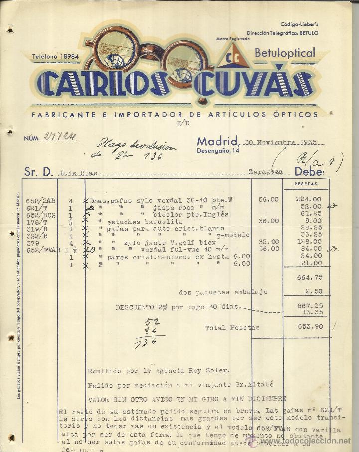 Alte Rechnungen: FACTURA DE CARLOS CUY&Aacute;S. FABRICANTE E IMPORTADOR DE ART&Iacute;CULOS &Oacute;PTICOS. BETULOPTICAL. MADRID. 1935