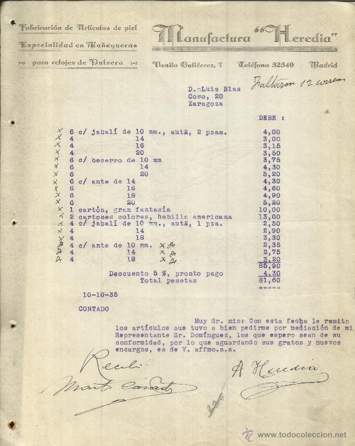 Alte Rechnungen: FACTURA DE MANUFACTURA HEREDIA. FABRICACI&Oacute;N DE ART&Iacute;CULOS DE PIEL. MADRID. 1935
