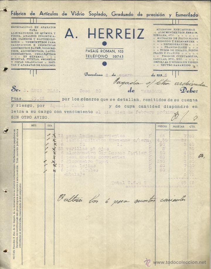 Alte Rechnungen: FACTURA DE A. HERREIZ. F&Aacute;BRICA DE ART&Iacute;CULOS DE VIDRIO SOPLADO. BARCELONA. 1936