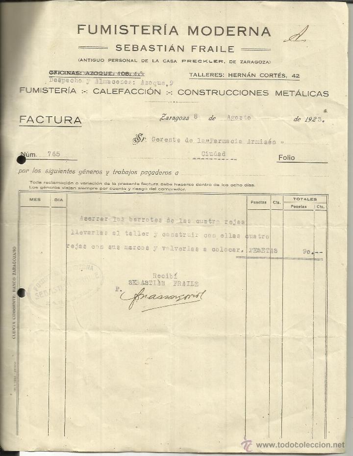 Alte Rechnungen: FACTURA DE FUMISTER&Iacute;A MODERNA. SEBASTI&Aacute;N FRAILE. ZARAGOZA. 1923