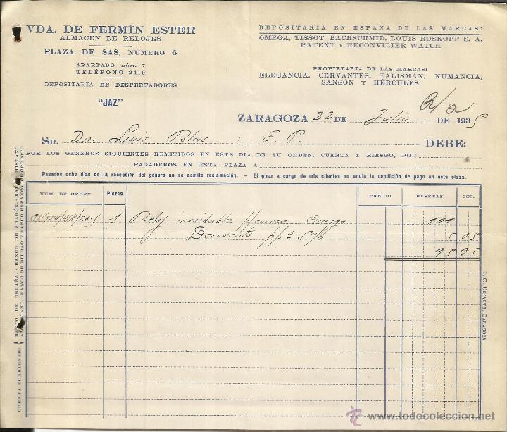 Alte Rechnungen: FACTURA DE VDA. DE FERM&Iacute;N ESTER. ALMAC&Eacute;N DE RELOJES. DESPERTADORES JAZ. ZARAGOZA. 1935
