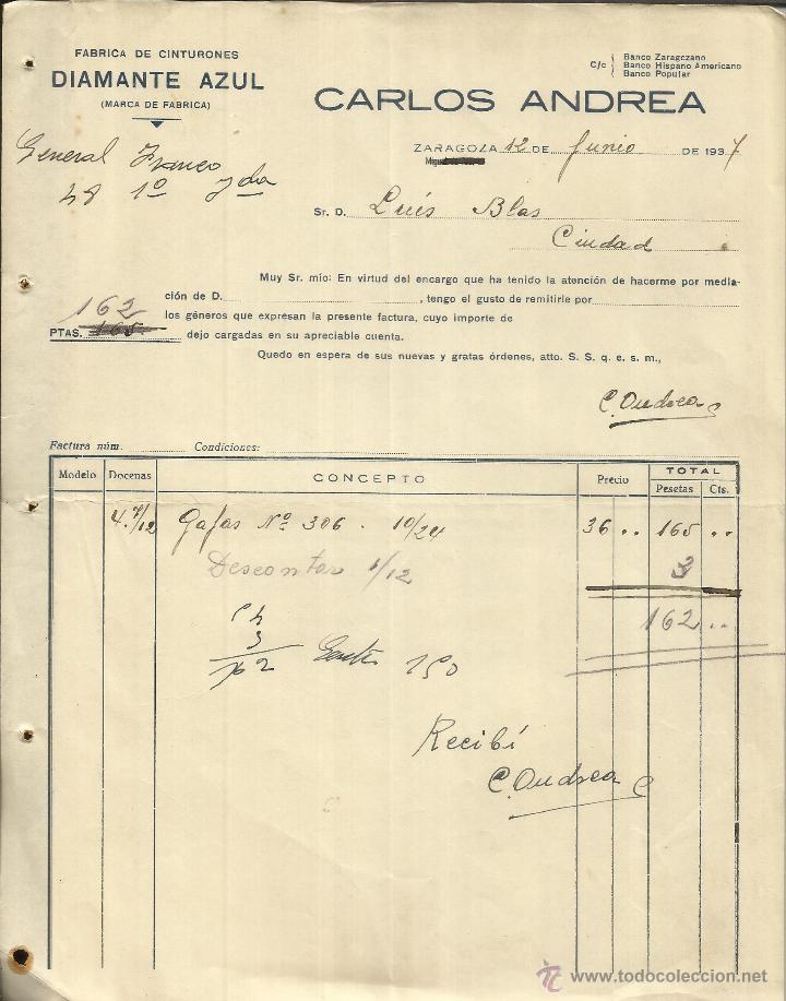 Alte Rechnungen: FACTURA DE CARLOS ANDREA. F&Aacute;BRICA DE CINTURONES DIAMANTE AZUL. ZARAGOZA. 1937