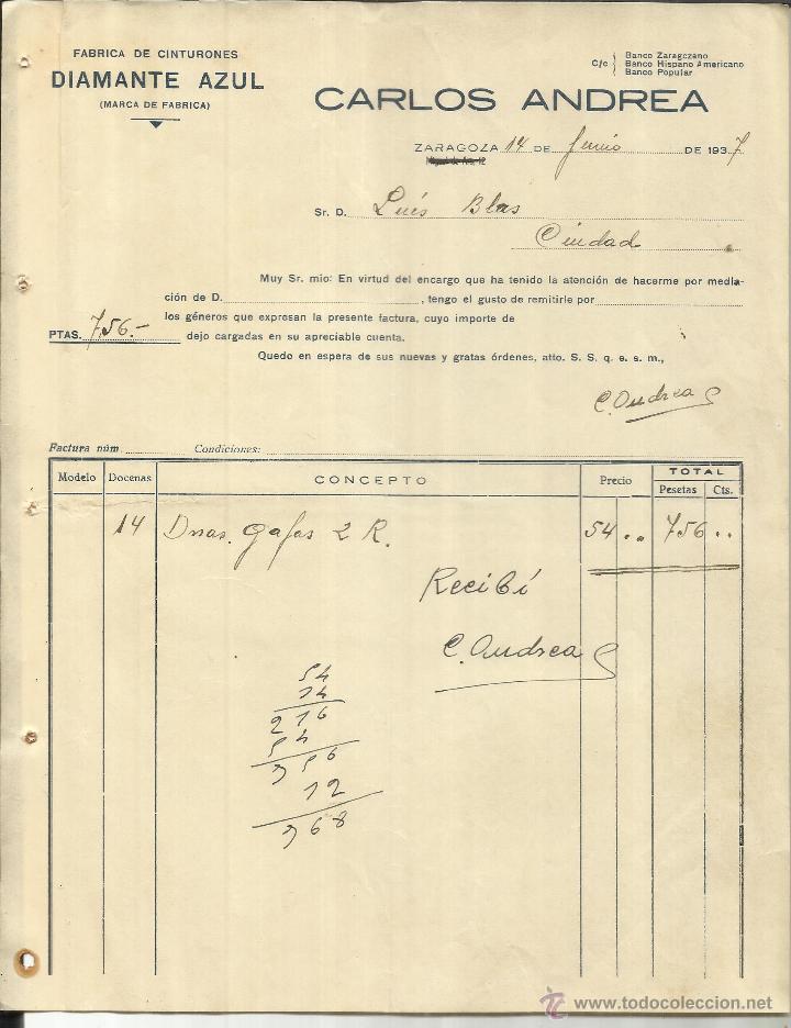 Alte Rechnungen: FACTURA DE CARLOS ANDREA. F&Aacute;BRICA DE CINTURONES DIAMANTE AZUL. ZARAGOZA. 1937