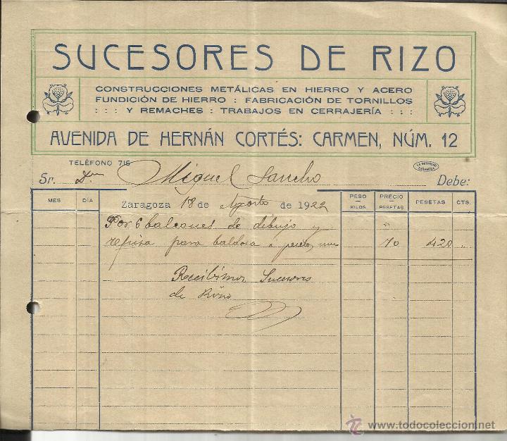 Old Invoices: FACTURA DE SUCESORES DE RIZO. CONSTRUCCIONES MET&Aacute;LICAS EN HIERRO Y ACERO. ZARAGOZA. 1922