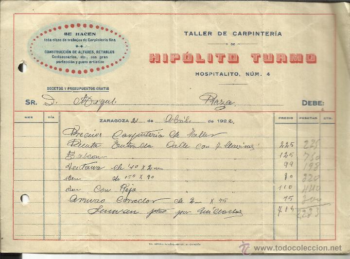 Old Invoices: FACTURA DE HIP&Oacute;LITO TURMO. TALLER DE CARPINTER&Iacute;A. ZARAGOZA. 1922