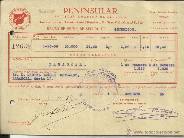 Old Invoices: RECIBO DE PRIMA DE SEGUROS DE PENINSULAR S.A. DE SEGUROS. MADRID. 1935