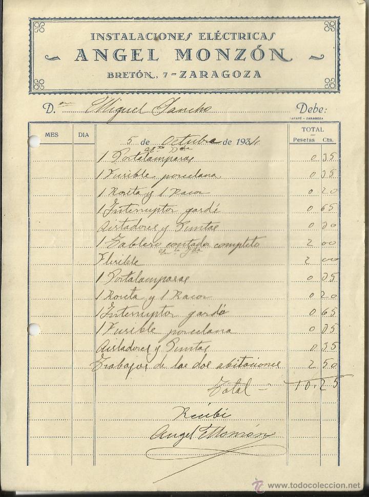 Old Invoices: FACTURA DE ANGEL MONZ&Oacute;N. INSTALACIONES EL&Eacute;CTRICAS. ZARAGOZA. 1934