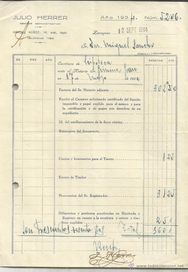Old Invoices: FACTURA DE JULIO HERRER. GESTOR ADMINISTRATIVO. ZARAGOZA. 1934