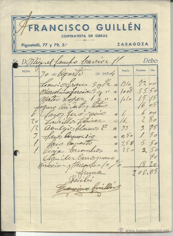 Old Invoices: FACTURA DE FRANCISCO GUILL&Eacute;N. CONTRATISTA DE OBRA. ZARAGOZA. 1934