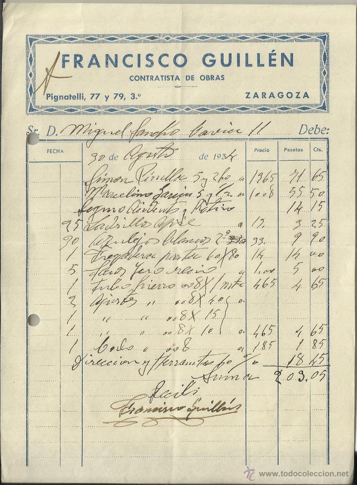 Old Invoices: FACTURA DE FRANCISCO GUILL&Eacute;N. CONTRATISTA DE OBRA. ZARAGOZA. 1934
