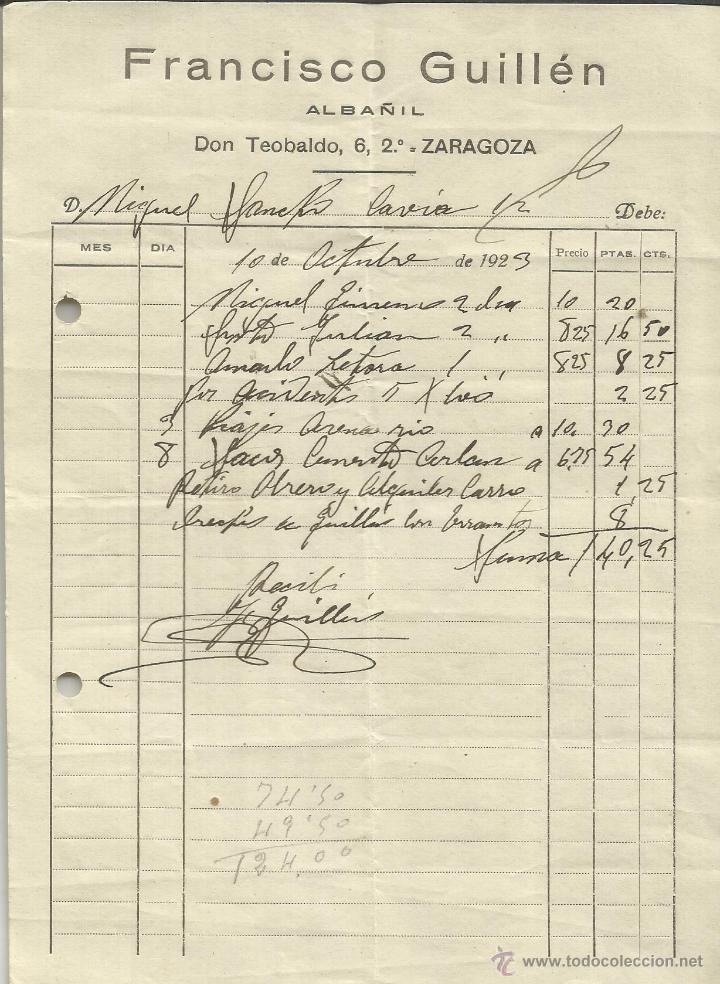 Old Invoices: FACTURA DE FRANCISCO GUILL&Eacute;N. ALBA&Ntilde;IL. ZARAGOZA. 1923