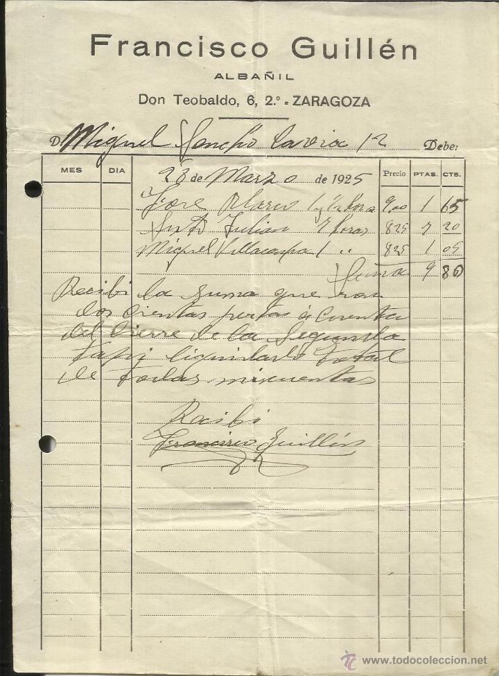 Facturas antiguas: FACTURA DE FRANCISCO GUILL&Eacute;N. ALBA&Ntilde;IL. ZARAGOZA. 1925