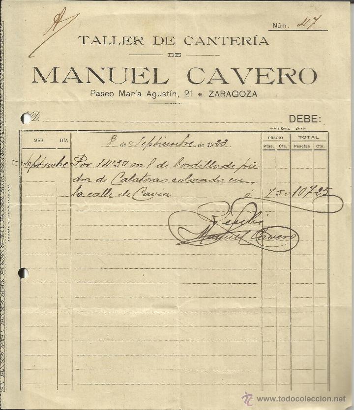 Facturas antiguas: FACTURA DE MANUEL CAVERO. TALLER DE CANTER&Iacute;A. ZARAGOZA. 1923