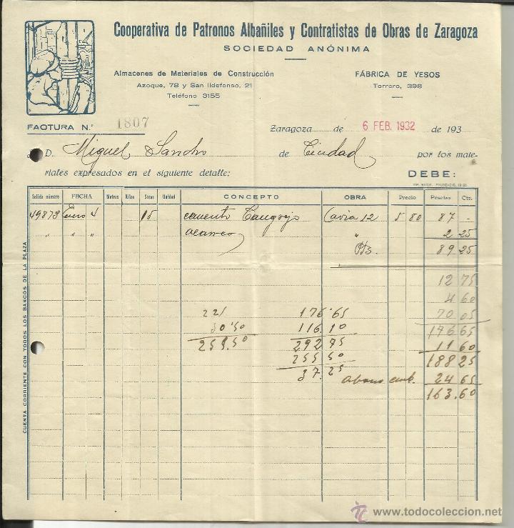 Facturas antiguas: COOPERATIVA DE PATRONOS ALBA&Ntilde;ILES Y CONTRATISTAS DE OBRAS DE ZARAGOZA. 1931