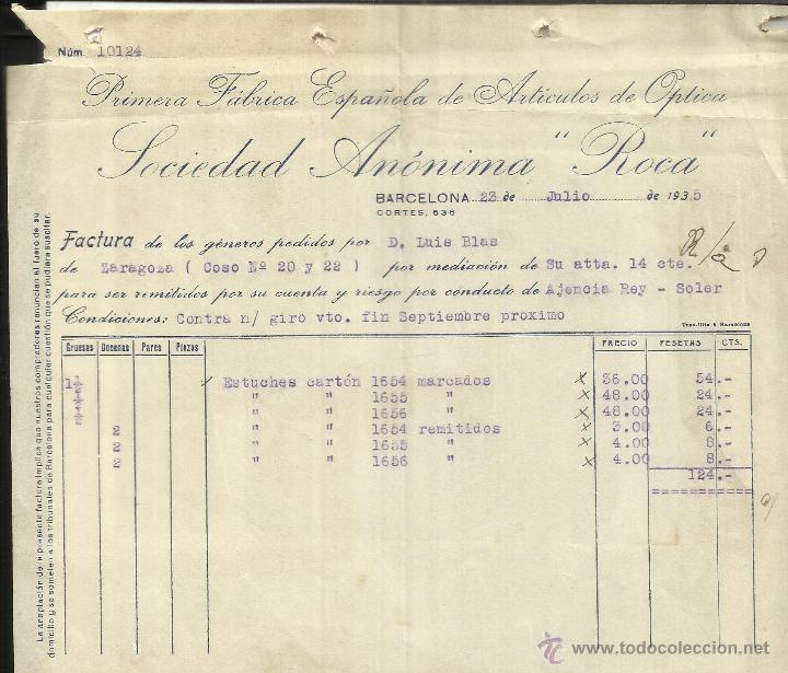 Facturas antiguas: FACTURA DE SOCIEDAD AN&Oacute;NIMA ROCA. PRIMERA F&Aacute;BRICA ESPA&Ntilde;OLA DE ART&Iacute;CULOS DE &Oacute;PTICA. BARCELONA. 1935