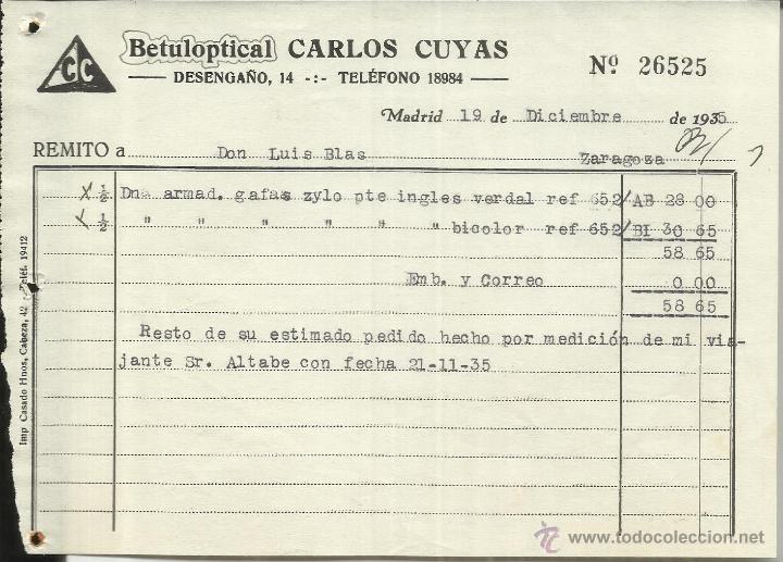 Facturas antiguas: FACTURA DE BETULOPTICAL CARLOS CUYAS. MADRID. 1935