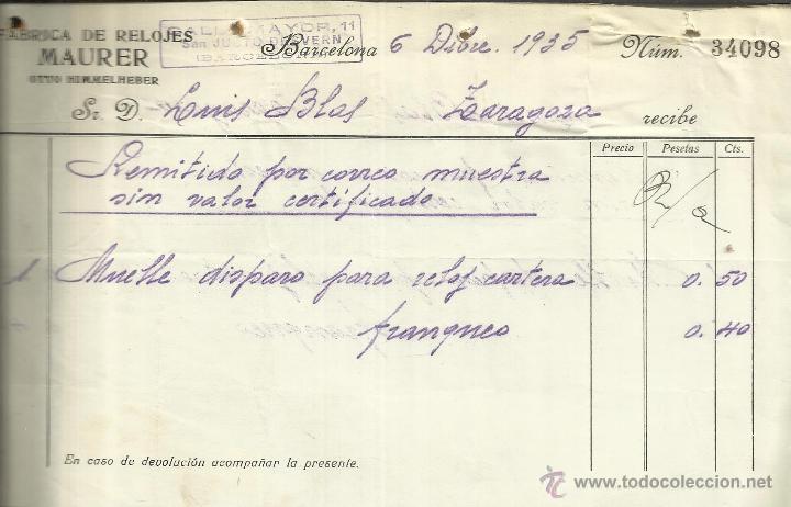 Facturas antiguas: FACTURA DE RELOJES MAURER. OTTO HIMMELHEBER. BARCELONA. 1935
