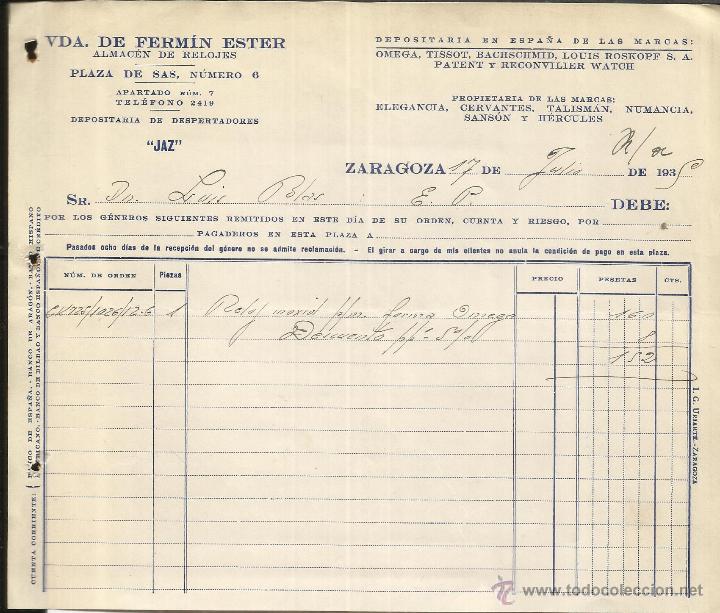 Facturas antiguas: VIUDA DE FERM&Iacute;N ESTER. ALMAC&Eacute;N DE RELOJES. DEPOSITARIA DE DESPERADORES JAZ. ZARAGOZA. 1935