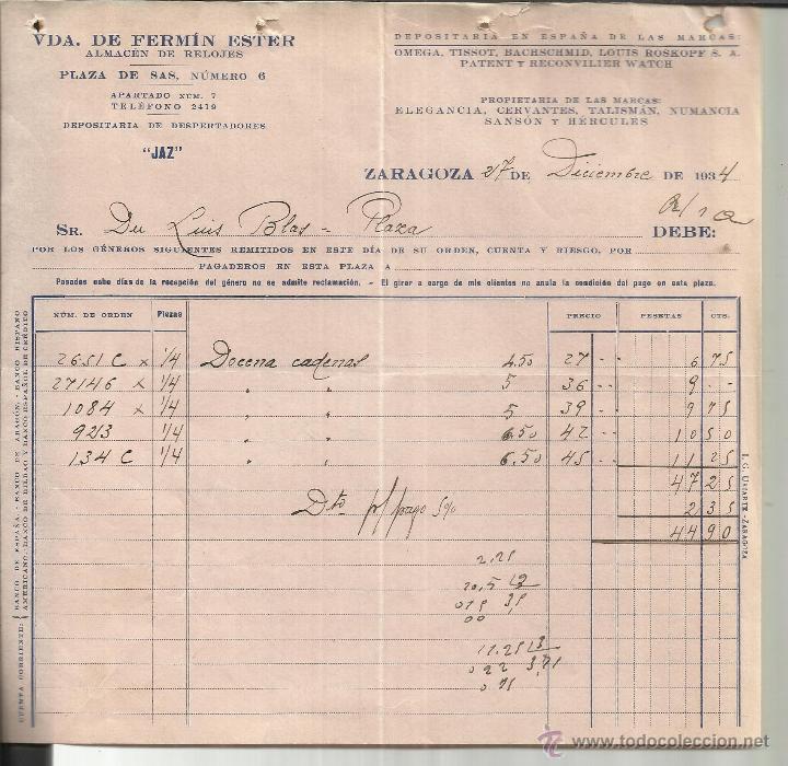 Facturas antiguas: FACTURA DE VDA. DE FERM&Iacute;N ESTER. ALMAC&Eacute;N DE RELOJES. DESPERTADORES JAZ. ZARAGOZA. 1934