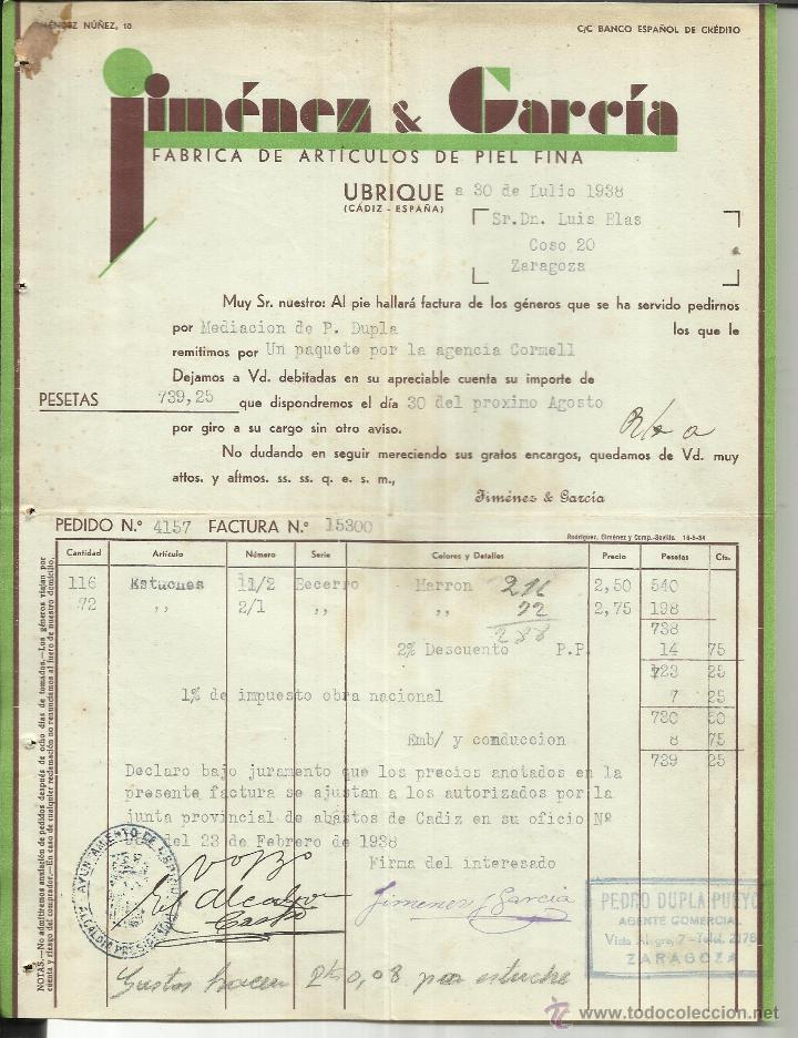 Alte Rechnungen: FACTURA DE JIM&Eacute;NEZ & GARC&Iacute;A. F&Aacute;BRICA DE ART&Iacute;CULOS DE PIEL FINA. UBRIQUE. 1938