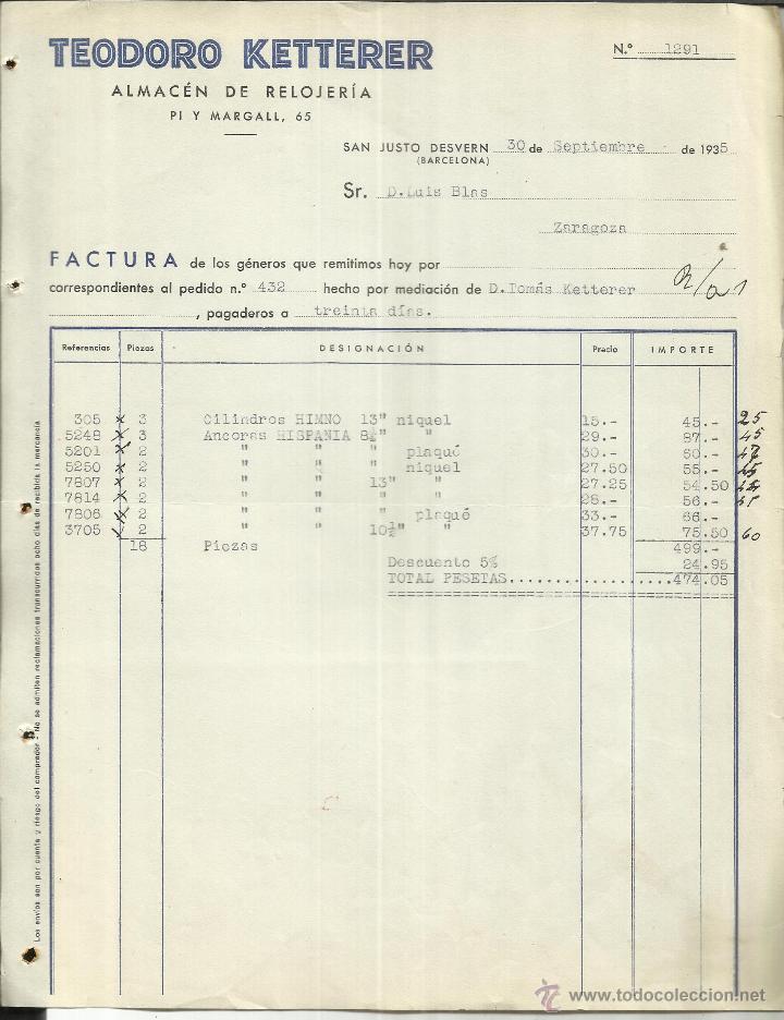 Alte Rechnungen: TEODORO KETTERER. ALMAC&Eacute;N DE RELOJER&Iacute;A. SAN JUAN DESVERN. BARCELONA. 1935