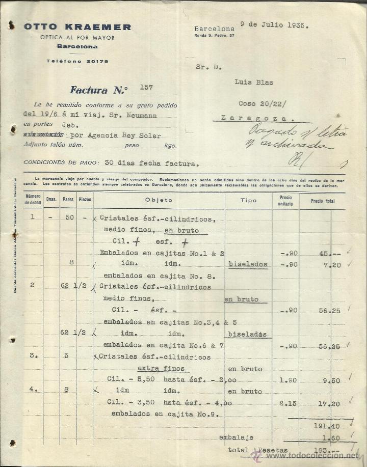 Alte Rechnungen: FACTURA DE OTTO KRAMER. &Oacute;PTICA AL POR MAYOR. BARCELONA. 1935