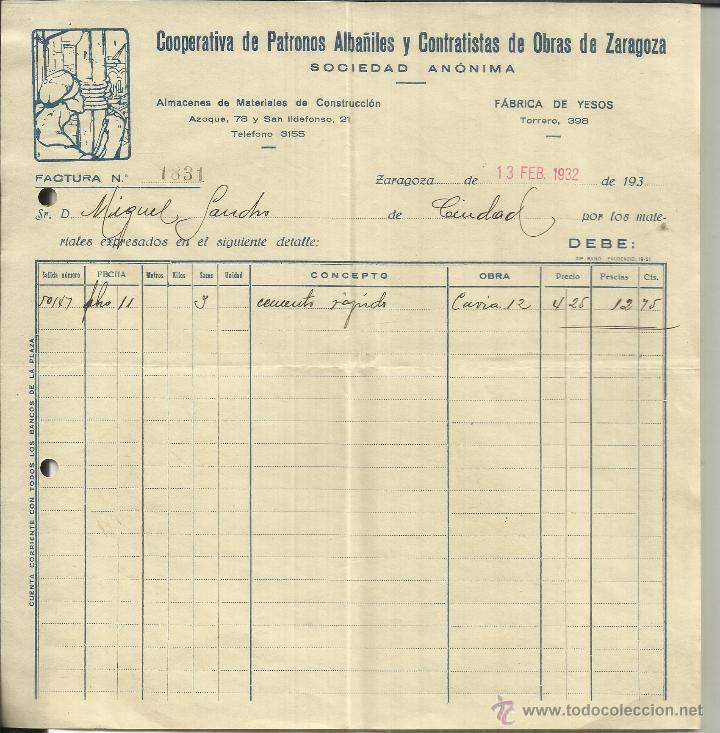 Alte Rechnungen: FACTURA DE COOPERATIVA DE PATRONOS ALBA&Ntilde;ILES Y CONTRATISTAS DE OBRAS DE ZARAGOZA. ZARAGOZA. 1932