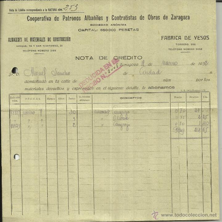 Old Invoices: COOPERATIVA DE PATRONOS ALBA&Ntilde;ILES Y CONTRATISTAS DE OBRAS DE ZARAGOZA. ZARAGOZA. 1932