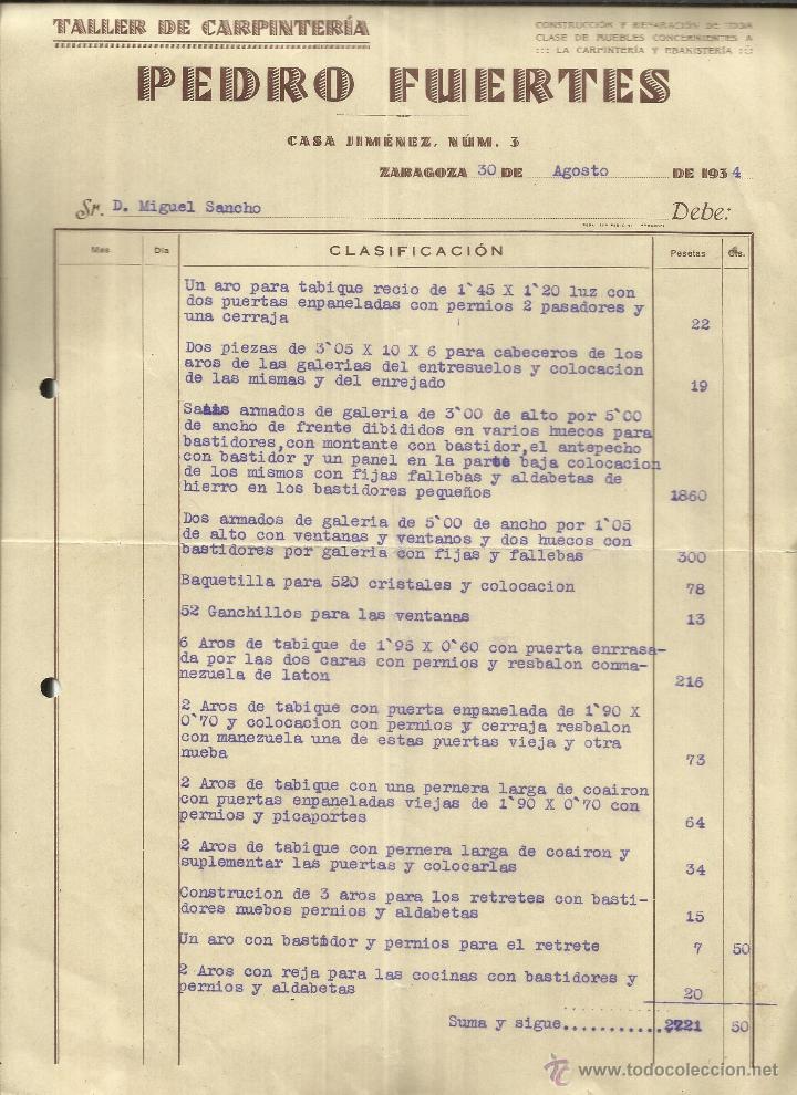 Old Invoices: FACTURA DE PEDRO FUERTES. TALLER DE CARPINTER&Iacute;A. ZARAGOZA. 1934