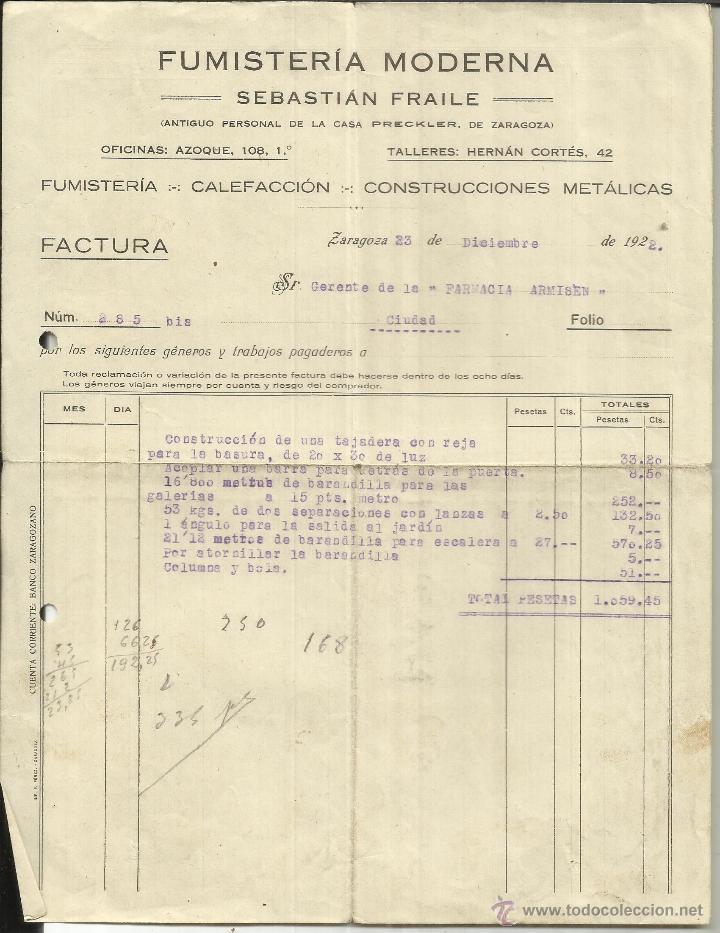 Old Invoices: FUMISTER&Iacute;A MODERNA. SEBASTI&Aacute;N FRAILE. ZARAGOZA. 1922