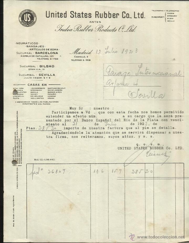 Old Invoices: FACTURA DE UNITED STATES RUBBER. NEUM&Aacute;TICOS. BANDAJES. ART&Iacute;CULOS DE GOMA. MADRID. 1923