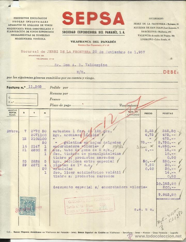 Old Invoices: FACTURA DE SEPSA. SOCIEDAD EXPENDEDORA DEL PANAD&Eacute;S. JEREZ. C&Aacute;DIZ. 1957