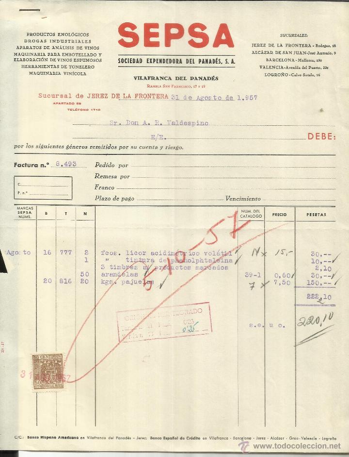 Old Invoices: FACTURA DE SEPSA. SOCIEDAD EXPENDEDORA DEL PANAD&Eacute;S. JEREZ. C&Aacute;DIZ. 1957