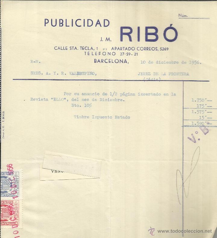 Old Invoices: FACTURA DE PUBLICIDAD J.M. RIB&Oacute;. BARCELONA. 1956