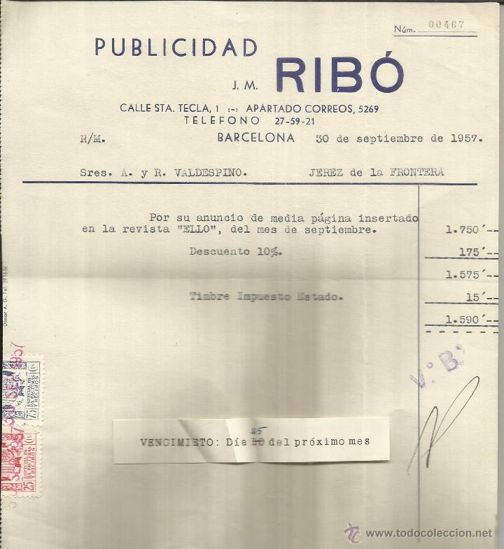 Old Invoices: FACTURA DE PUBLICIDAD J.M. RIB&Oacute;. BARCELONA. 1957