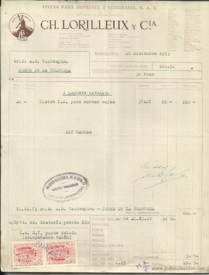 Old Invoices: FACTURA DE CH. LORILLEUX Y C&ordf;. TINTAS PARA IMPRENTA. BADALONA. BARCELONA. 1953