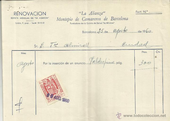 Old Invoices: FACTURA DE LA ALIANZA. MONTEPIO DE CAMAREROS DE BARCELONA. BARCELONA. 1960