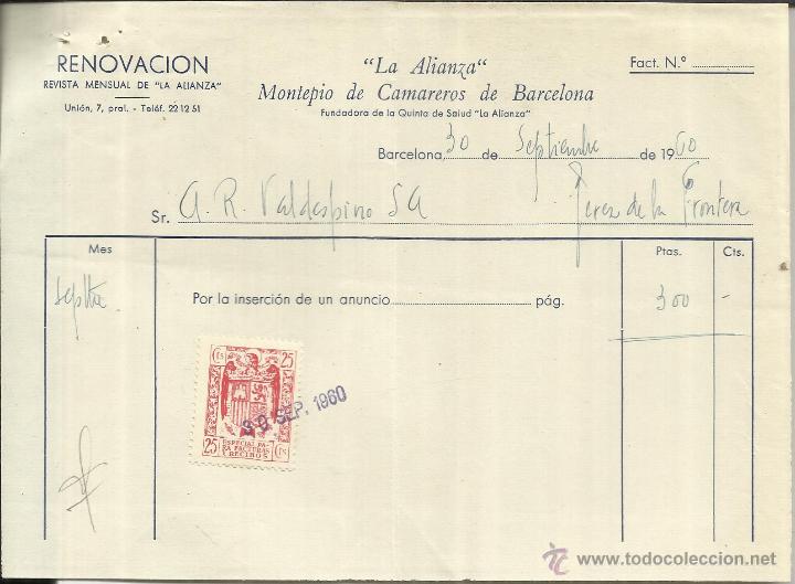 Old Invoices: FACTURA DE LA ALIANZA. MONTEPIO DE CAMAREROS DE BARCELONA. BARCELONA. 1960