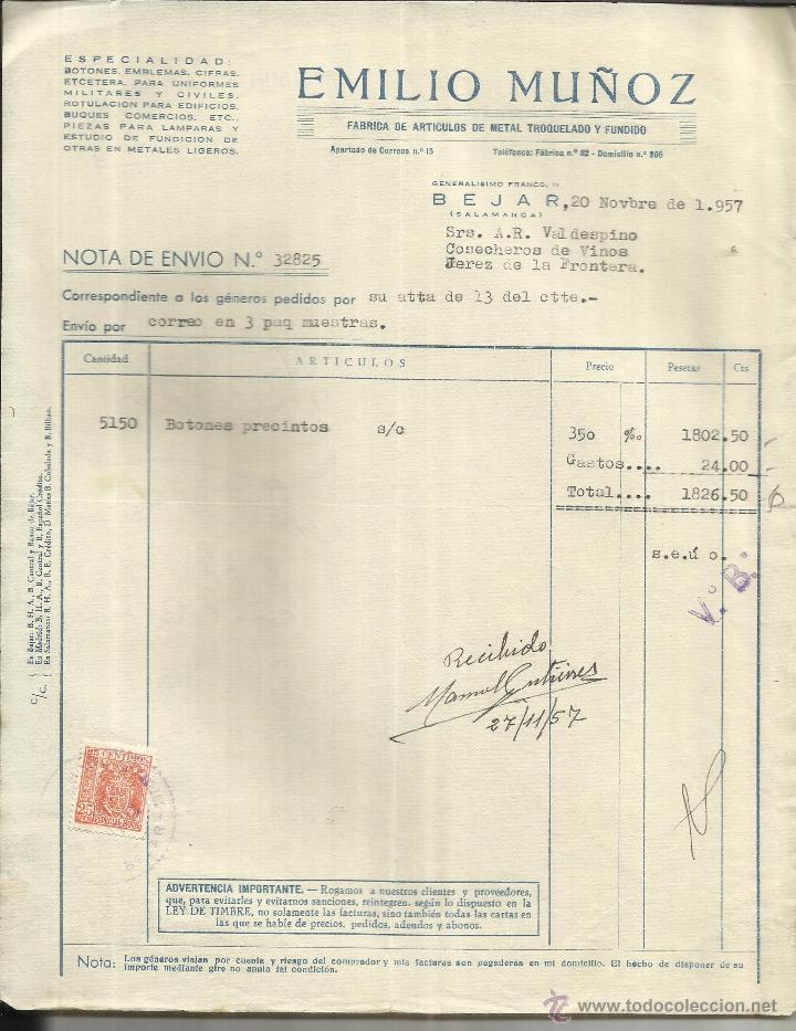 Old Invoices: FACTURA DE EMILIO MU&Ntilde;OZ. F&Aacute;BRICA DE ART&Iacute;CULOS DE METAL TROQUELADO Y FUNDIDO. BEJAR. SALAMANCA. 1957