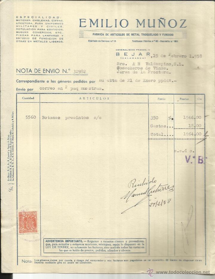 Old Invoices: FACTURA DE EMILIO MU&Ntilde;OZ. F&Aacute;BRICA DE ART&Iacute;CULOS DE METAL TROQUELADO Y FUNDIDO. BEJAR. SALAMANCA. 1958