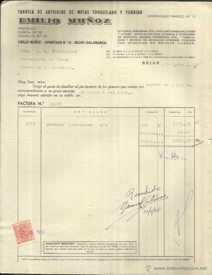 Old Invoices: FACTURA DE EMILIO MU&Ntilde;OZ. F&Aacute;BRICA DE ART&Iacute;CULOS DE METAL TROQUELADO Y FUNDIDO. BEJAR. SALAMANCA. 1958