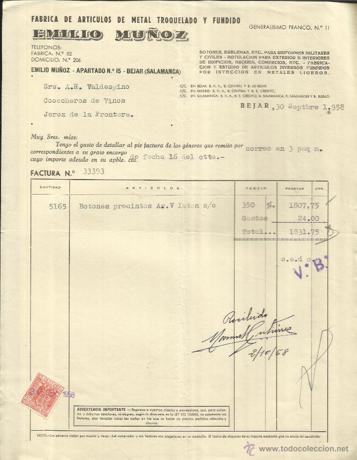 Old Invoices: FACTURA DE EMILIO MU&Ntilde;OZ. F&Aacute;BRICA DE ART&Iacute;CULOS DE METAL TROQUELADO Y FUNDIDO. BEJAR. SALAMANCA. 1958