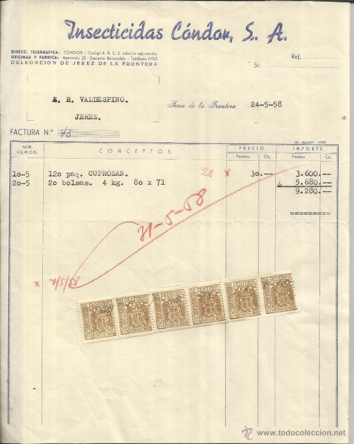 Old Invoices: FACTURA DE INSECTICIDAS C&Aacute;NDAR S.A. JEREZ DE LA FRONTERA. C&Aacute;DIZ. 1958