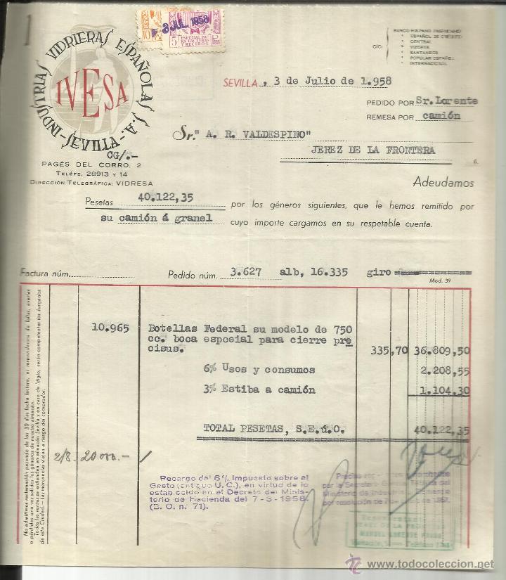 Old Invoices: FACTURA DE INDUSTRIAS VIDRIERAS ESPA&Ntilde;OLAS. IVESA. SEVILLA. 1958