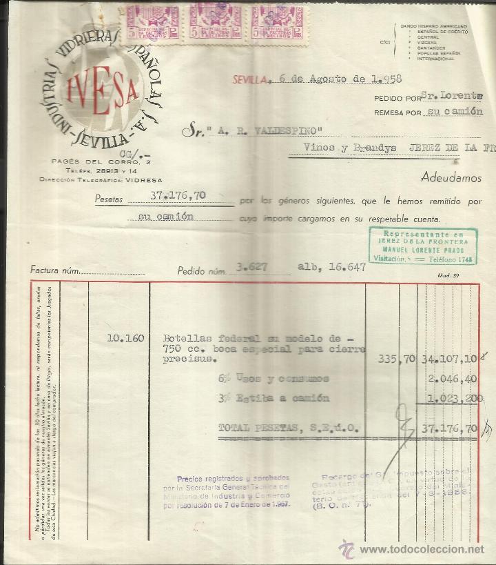 Old Invoices: FACTURA DE INDUSTRIAS VIDRIERAS ESPA&Ntilde;OLAS. IVESA. SEVILLA. 1958