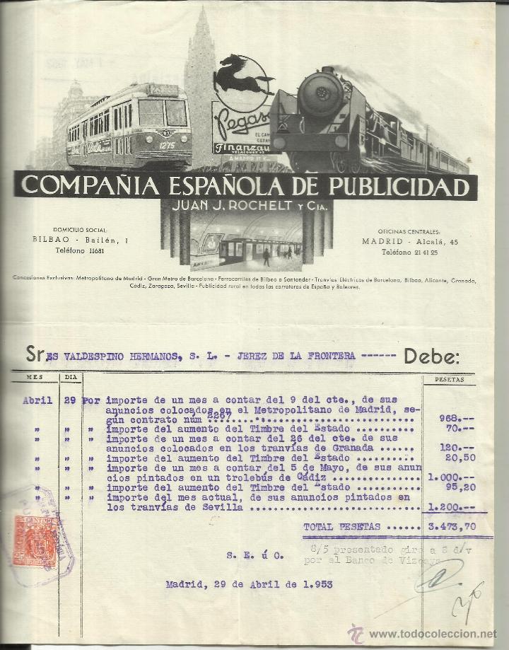 Old Invoices: FACTURA DE COMPA&Ntilde;&Iacute;A ESPA&Ntilde;OLA DE PUBLICIDAD. JUAN J. ROCHET Y C&ordf;. BARCELONA. 1953